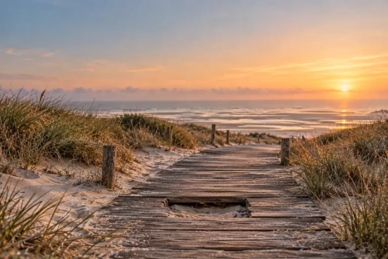 Holzsteg durch die Dünen zum Meer bei Sonnenuntergang, ein Brett fehlt