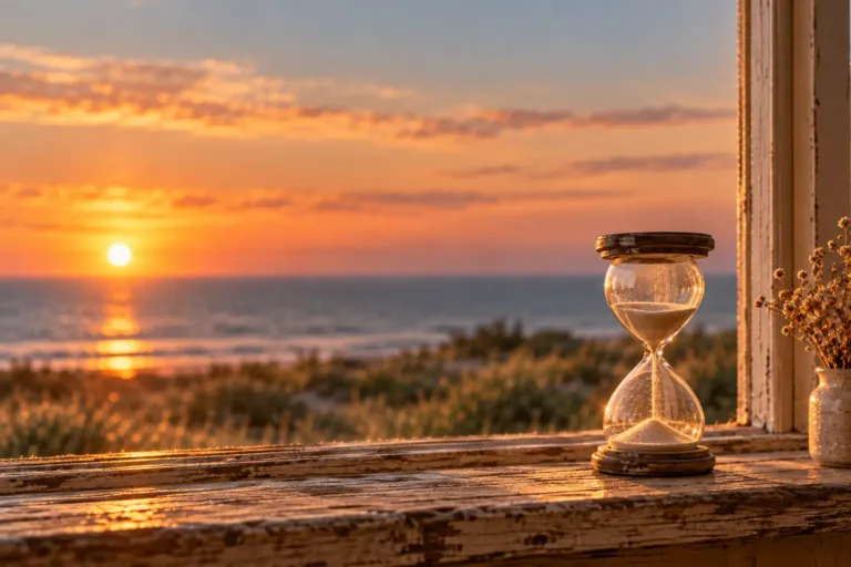Sanduhr auf einer Fensterbank, dahinter Sonnenuntergang über dem Meer